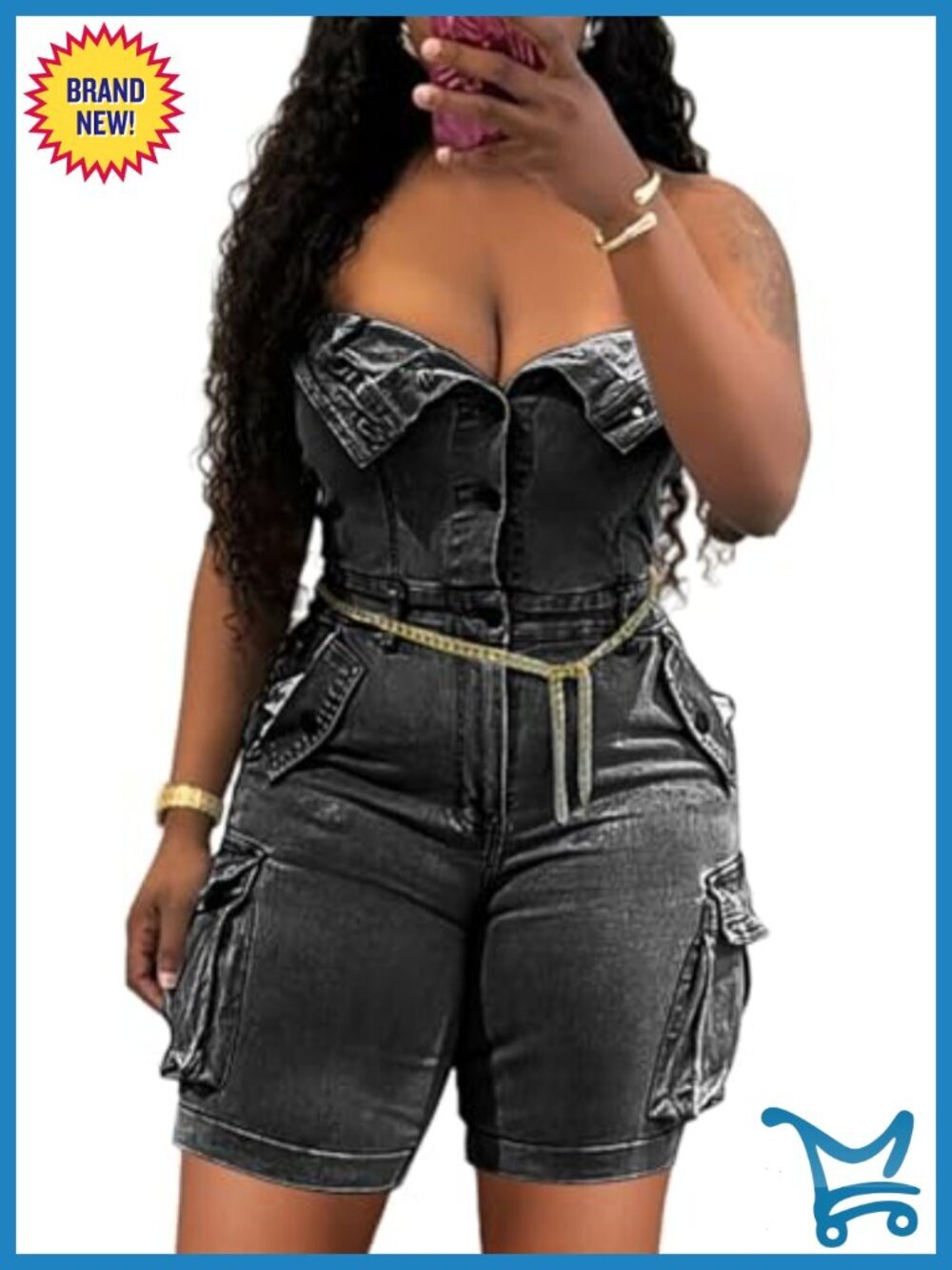 Strapless Denim Jumpsuit Cargo Tube Bodycon Corset Sexy Stretch Romper Club